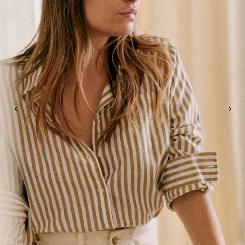 SÉZANE Tomboy Linen-Blend Shirt, Ecru Camel Stripe, FR42_2